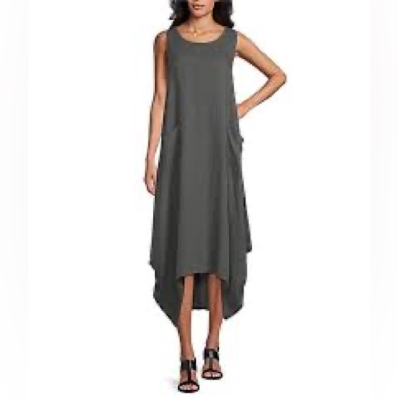 M Made In Italy Grey Ruched Asymmetrical Dress 100% Linen - Picture 1 of 6